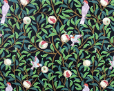 Little Johnny Leaves and Birds On Black 100% Cotton 150cm Wide Digitally Printed Fabric for Crafting, Sewing, Patchwork, Dressmaking